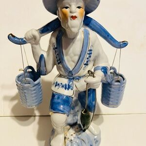 Vintage Blue & White Porcelain Fisherman Figurine